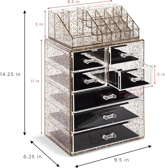 Sorbus Acrylic Makeup Organizer Set, 7-Drawer Vanity & Countertop Cosmetic Storage with Small & Wide Compartments, Glitter Makeup Storage for Brushes