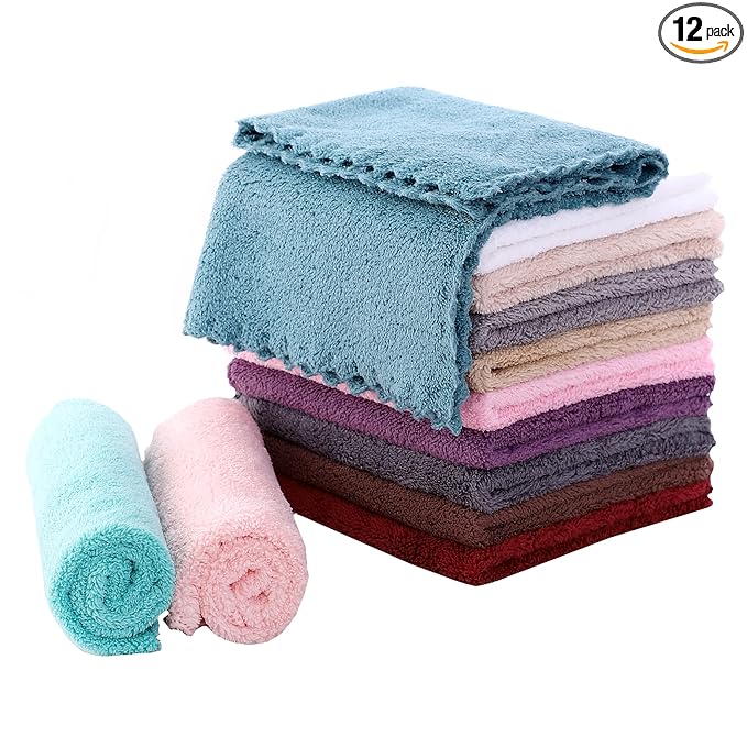 MOONQUEEN Microfiber Facial Cloths Fast Drying Washcloth 12 Pack - Premium Soft Makeup Remover Cloths - Multicolored