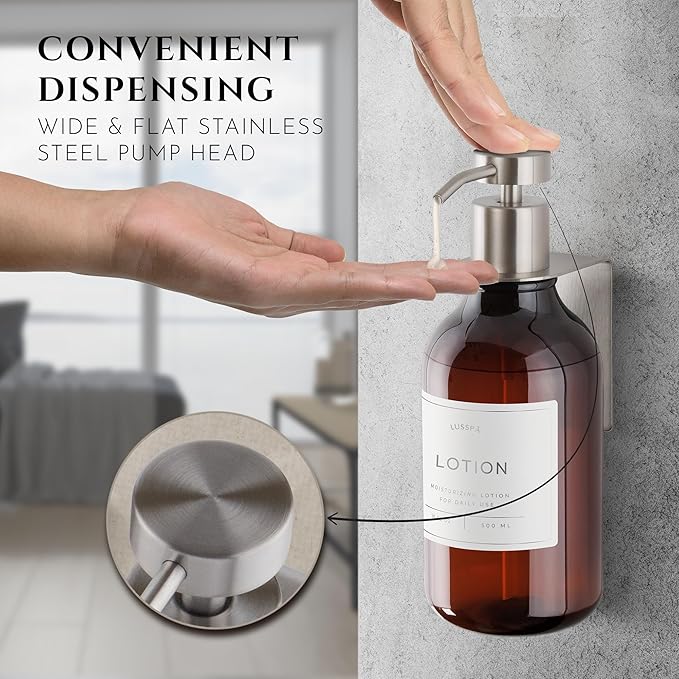 Shower Shampoo Dispenser Wall Mounted – Refillable 16.9 oz Amber Bottle with Stainless Steel Pump & No-Drill Adhesive Holder – Soap Dispenser for Bathroom (1 X Amber/Silver)