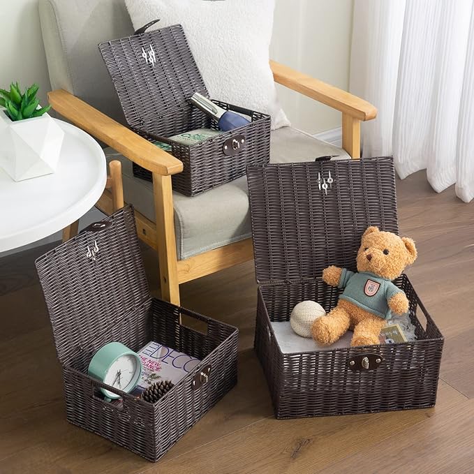 Set of 3 Woven Wicker Storage Basket Box with Lids & Lock, Brown