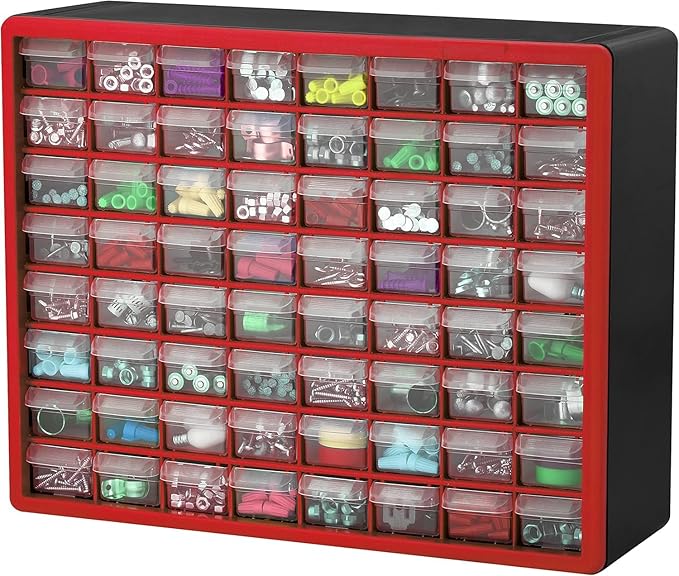 Akro-Mils 64-Drawer Plastic Drawer Storage Cabinet for Garage Organization, Bead Organizer, Building Bricks Storage, Teacher Toolbox, Makeup Organizer, 20-Inch W x 6-Inch D x 16-Inch H, 10164 Red