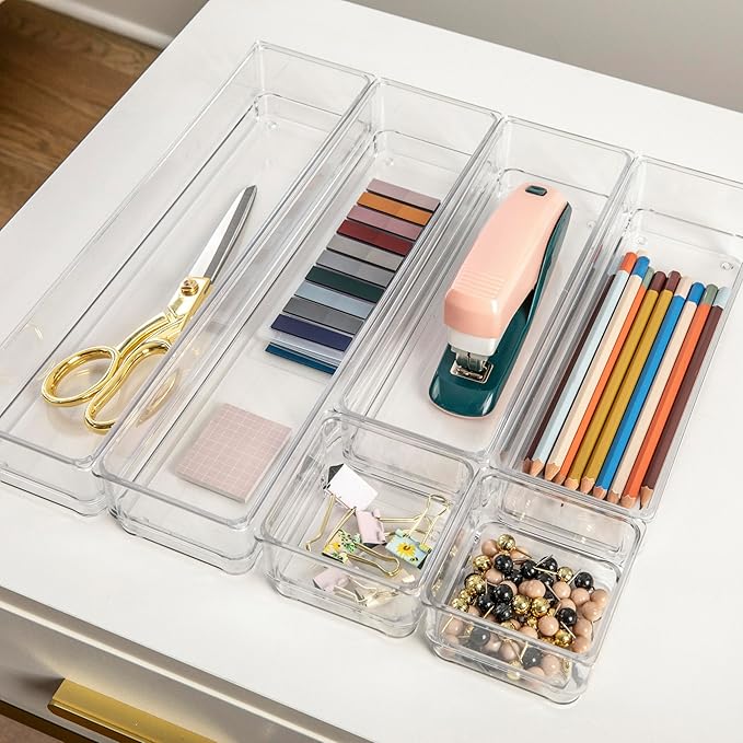 Martha Stewart Miles Plastic Stackable Office Desk Drawer Organizers, Set of 6