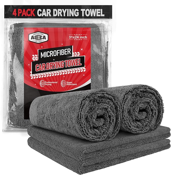 AIDEA Microfiber Towels for Cars-4PK, Large Professional Car Drying Towel, Scratch-Free & Absorbent Drying Towel for Cars, SUVs, RVs, Trucks, and Boats, 24inx 31in, Grey