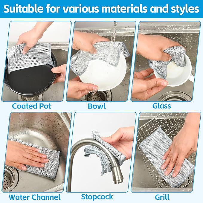 24Pack Multipurpose Wire Dishwashing Rags, Upgrade Non Scratch Wire Dishcloth, for Wet and Dry Use, Reusable Metal Scrubbing Microfiber Clean Cloths for Home/Kitchen/Stove