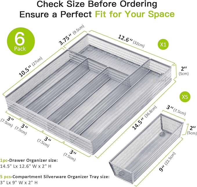 Neudeco Drawer Organizer Set 6 Pack - 5-Compartment Silverware Organizer Tray + 5 Utensil Trays, Kitchen Drawer Organizer for Flatware, Cutlery, Office Supplies, Silver Mesh, Non-Slip