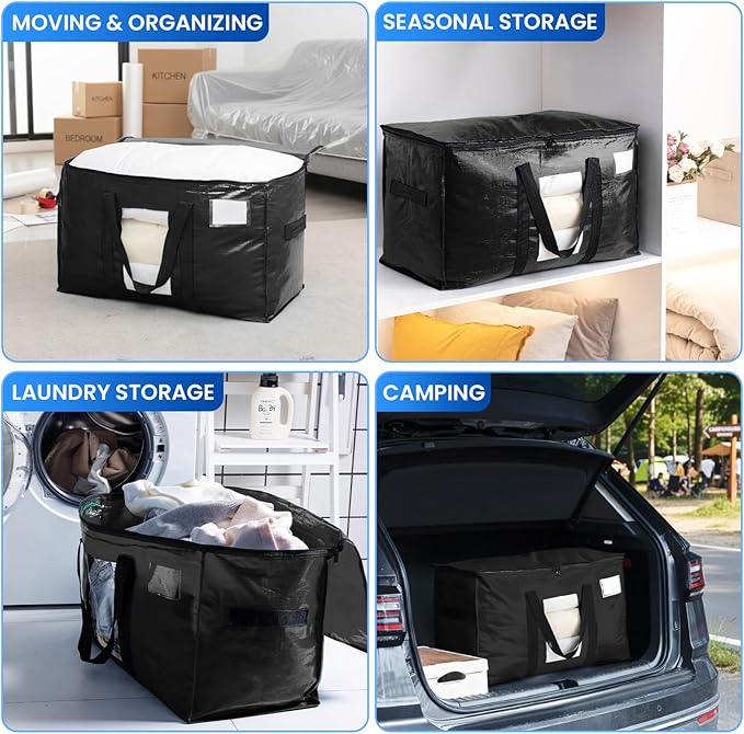 TAILI Extra Large Moving Bags, 8 Pack Black Heavy Duty Totes For Storage with Visible Window, Wrap Around Handles, Storage Bags for Space Saving