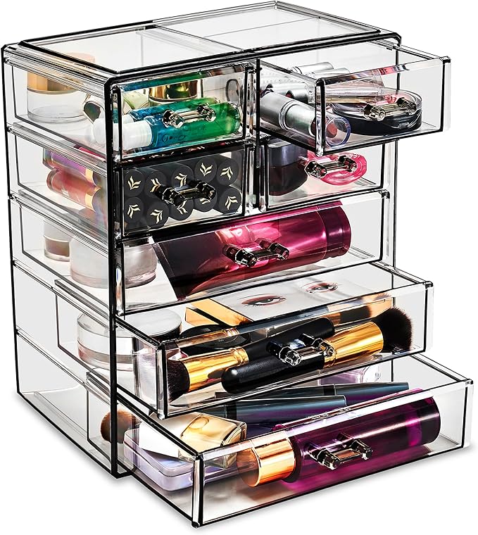 Sorbus Acrylic Makeup Organizer Set, 7-Drawer Vanity & Countertop Cosmetic Storage with Small & Wide Drawers, Black Jewel Makeup Storage for Brushes