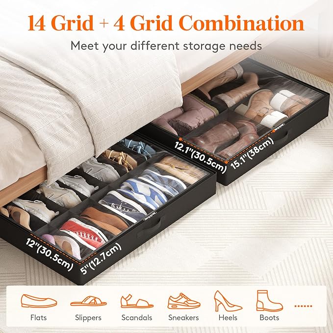 Under Bed Shoe Storage Organizer 1 Pack(14 Shoes Cells+4 Boots Cells)