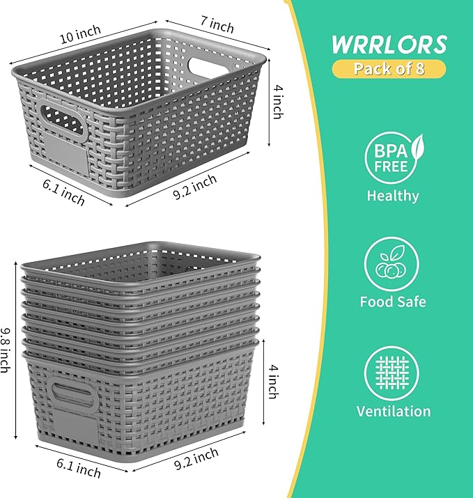 8-Pack Grey Plastic Storage Baskets with Lids, Label Organizers