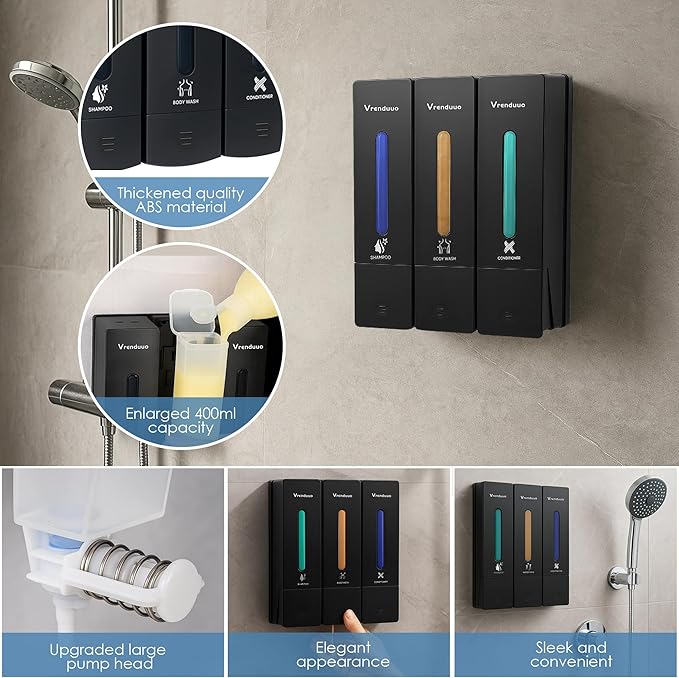 Shampoo and Conditioner Dispenser,Shower Dispenser 3 Chamber No Drill,Shower Soap Dispenser Wall Mounted for Bathroom Hotel with Upgrade Pump Head,3 * 400ml(Black 3 Chamber)