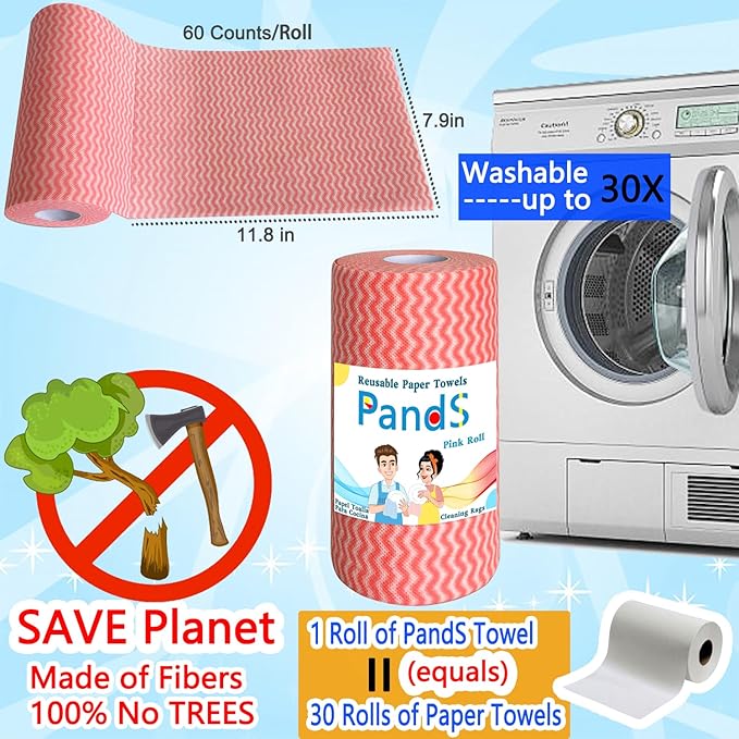 Reusable Paper Towels, 120 Full Sheets 2 Pack, Zero Waste Paperless Kitchen Cloths, Multi-Purpose Cleaning Wipes, Washable Towels - Pink