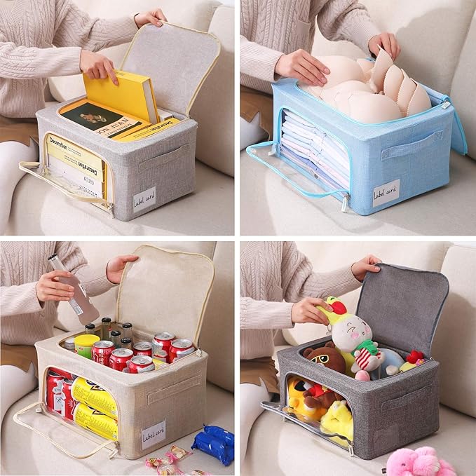CYhom 3Pack Foldable Storage Bins - Frame Storage Box Linen Fabric Stackable Clothes Container Organizer with Clear Window & Carry Handles Large Capacity (Small-22L, Dark Gray)