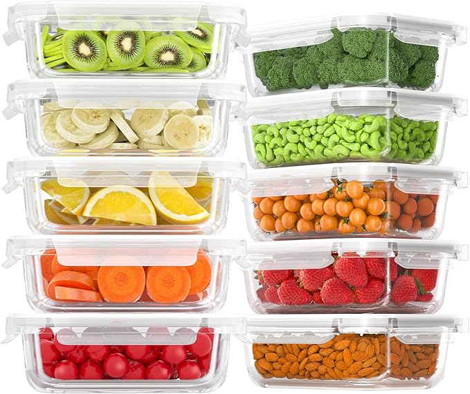 Bayco 10 Pack Glass Meal Prep Containers, Glass Food Storage Containers with Lids, Airtight Lunch Bento Boxes, BPA-Free & Leak Proof