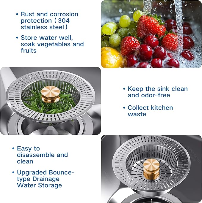 Kitchen Sink Stopper and Drain Strainer, Universal Kitchen Sink Drain Stopper Combo, Stainless Steel Anti-Clog Kitchen Drain Strainer (Yellow
