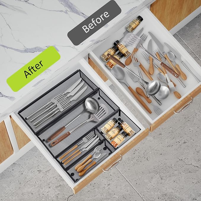 Drawer Organizer, Silverware Tray, 5 Compartment Cutlery Tray, Black Pack 5