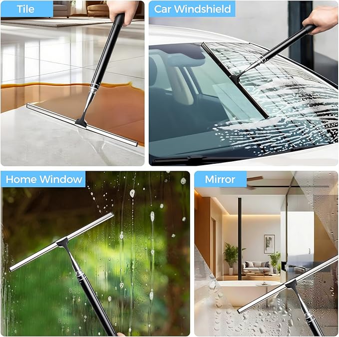 16.7“- 59.5" Long Handle Window Squeegee with Extension Pole, 12.4" Wide Metal Shower Squeegee for Glass Doors