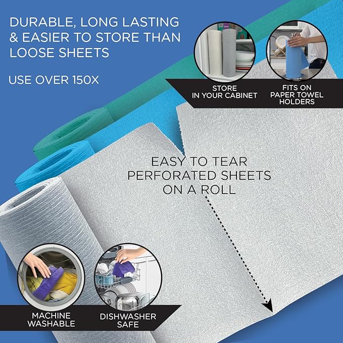 Swedish Dishcloths for Kitchen XL, 24 2x12 Sheet Rolls, Biodegradable, Compostable, Reusable Paper Towel Cleaning Cloths, 11" x 10" No Odor Washing Dishes, Ultra Absorbent Cellulose Sponge Towel, LOLA