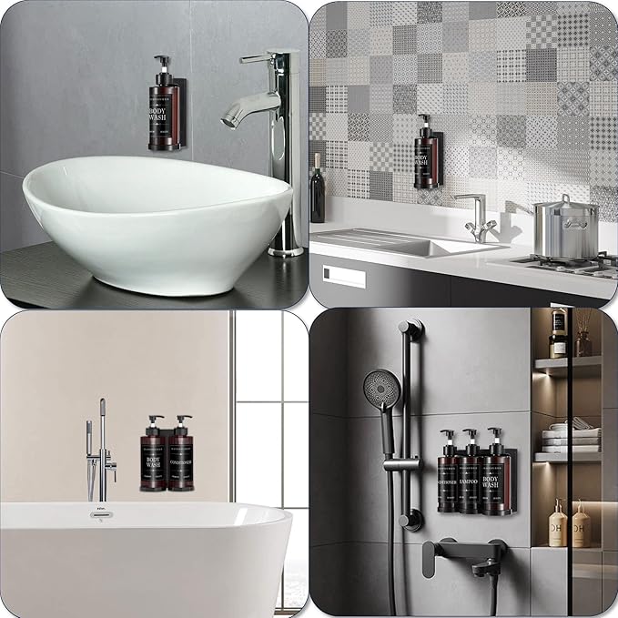 Shampoo and Conditioner Dispenser for Shower Wall, Body Wash Dispenser with 5 Waterproof Labels, No-Drill Wall Mounted Shower Soap Dispenser for Bathroom Decor Upgrade - Brown 1 Chamber