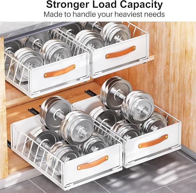 2Pack Pull out Cabinet Organizer,Heavy Duty Slide out Pantry Shelves Drawer Storage with Adhesive Nano Film,Sliding Mesh Basket with Handle for Kitchen, Bathroom, Home, 11.8W" X 15.7"D X 6.2"H,White
