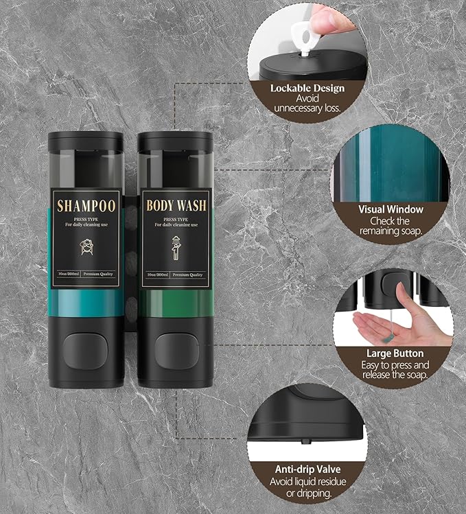 Luxspire Shampoo and Conditioner Dispenser, No Drill Wall Mounted Shower Soap Dispenser 2 Chamber with Waterproof Labels, Easy Refill Soap Dispenser for Bathroom Hotel Kitchen, Black
