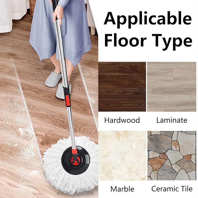 Spin Mop Bucket with Wringer Set, 360° Mop Bucket Floor Cleaning System with 3 Microfiber Replacement Mop Head Refills, 61" Adjustable Stainless Steel Handle, 2X Wheel for Home Cleaning