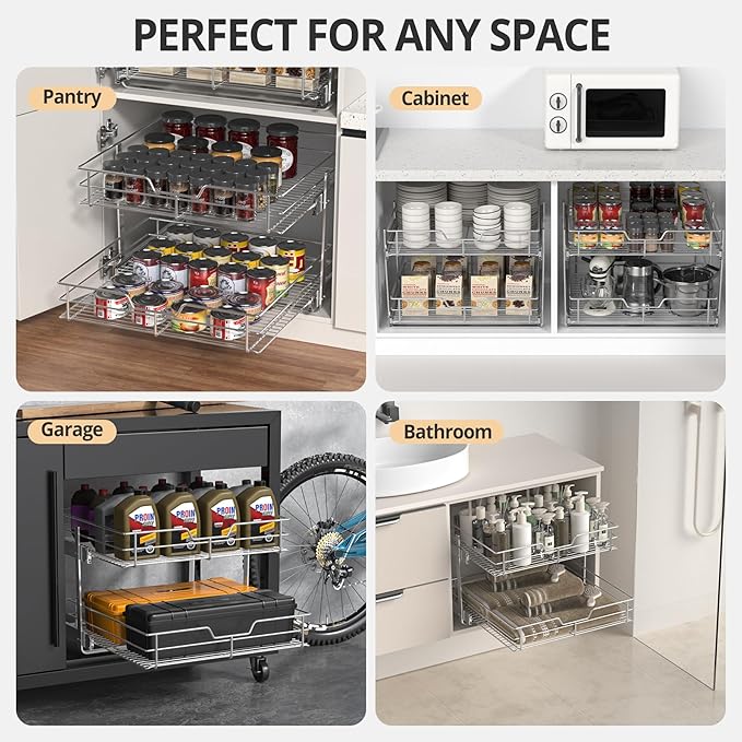 ZOINLIY Pull Out Cabinet Organizer, Versatile Slide Out Kitchen Organizers and Storage,Heavy Duty Drawer Cupboard Storage Basket, Smooth Sliding, Chrome Finish (2-Tiers-24¼''W×22“D)