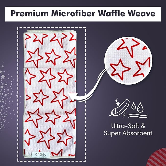 Double Sided Microfiber Hand Towels, 17x27 Inches Waffle Design Kitchen Towels Set, Durable & Soft Fast Drying Hand Wash Cloth, Everyday Dishcloth Use at Home (Stars & Stripes - Red, Blue, Cream)