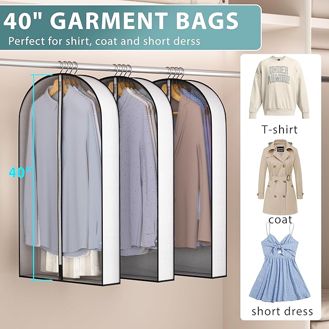 Liuoud 40” Garment Bags for Hanging Clothes 4” Gusseted - with Clear Window, Breathable Fabric, Metal Zipper, Suit Coat Dress Protector for Clothes Closet storage, Season Off, Moving, 3 Pack