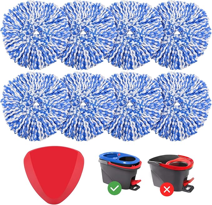 8 Pack RinseClean Spin Mop Replacement Head Refills with 1 Rotating Mop Base Compatible with O Ceda RinseClean 2 Tank System, Blue Microfiber Mop Refills for Floor Cleaning