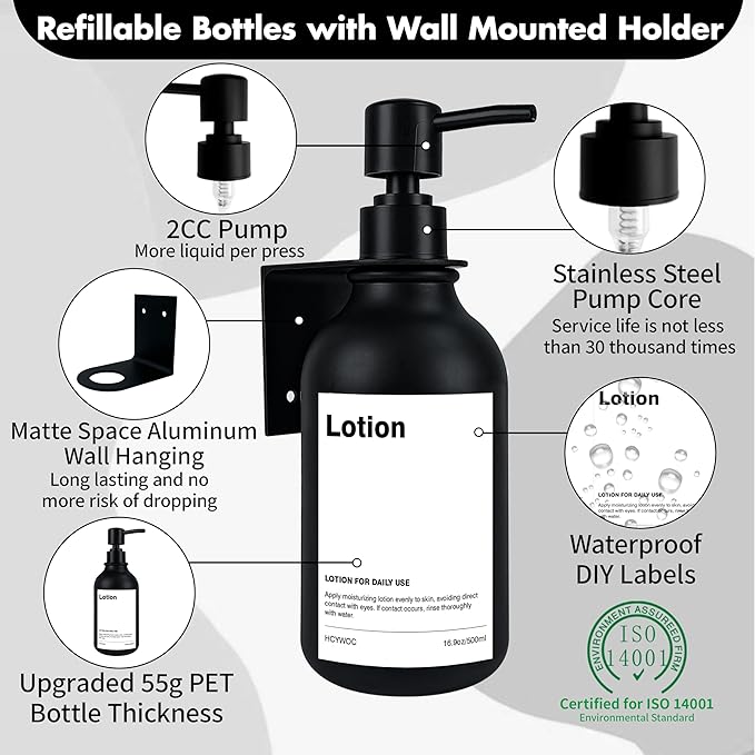 Shampoo Dispenser for Shower Wall, Shampoo and Conditioner Dispenser with 16 Waterproof Labels, Shower Dispenser 3 Chamber No Drill, Shower Soap Dispenser Wall Mounted for Bathroom, 17oz, Black