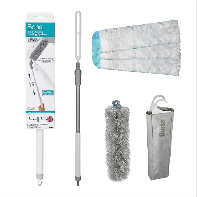 Bona High Performance Dusting System - 1 Extendable Handle, 3 Disposable Dusters, 1 Reusable Duster, & 1 Storage Bag - Extendable Dusting Kit