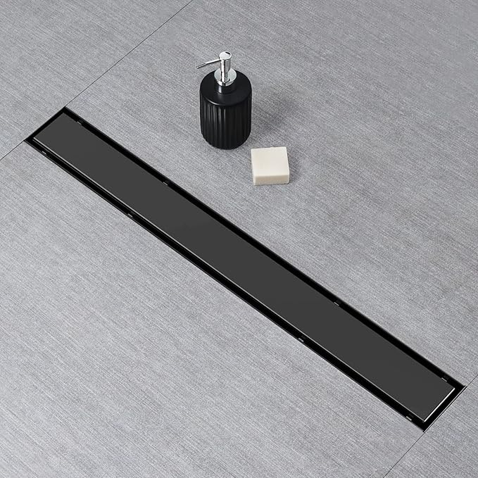 SaniteModar Linear Shower Drain,Black Shower Drain 32 inch with Flat and Tile Insert 2 in 1 Panel