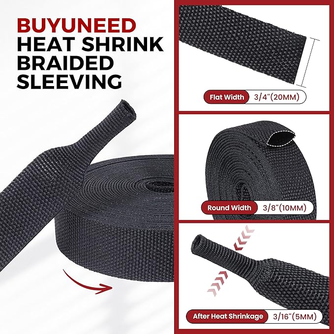 Braided Sleeving Heat Shrinkable Fabric 2:1 Ratio- Abrasion Protection Flexibility Wiring Harness Cable Sheath (3/8" ID, 16ft)