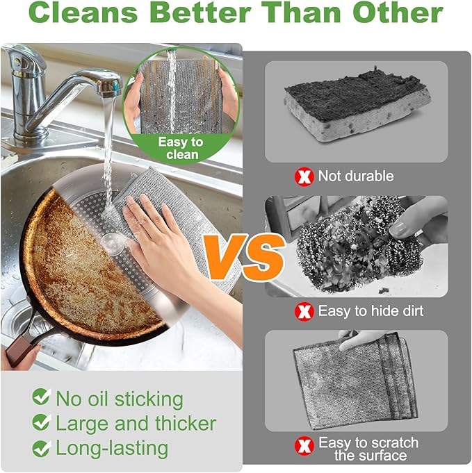 Jeymei 10 Counts Multipurpose Wire Dishwashing Rag,Non Scratch Wire Dishcloth for Washing Dishes,Microfiber Miracle Cleaning Cloth with Mesh,Dual-Sided Steel Mesh Cloth for Pot,Metal Scrubber,Grey