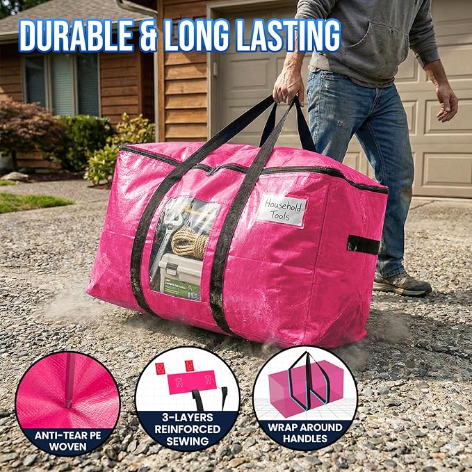 12 Pack Pink Extra Large Moving Bags, Heavy Duty Totes with Visible Window