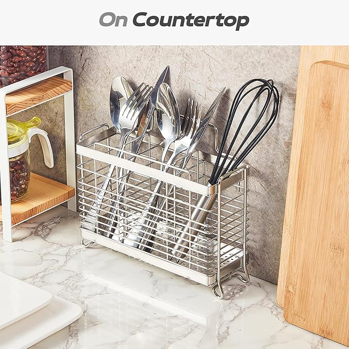 KESOL Stainless Steel Utensil Holder, Utensil Drying Rack with 3 Divided Compartments, Rust-Resistant Utensil Drying Basket, Silverware Drying Basket, Utensil Drainer for Dish Rack