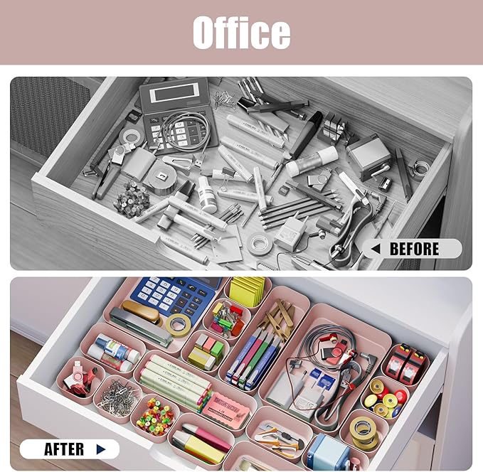 Plastic Drawer Organizers, 18 PCS Bathroom Drawer Organizer Bins, Desk and Vanity Organizer Plastic Tray, Makeup organizer and storage for Bedroom, Kitchen Gadgets Utensils and Office (Pink)