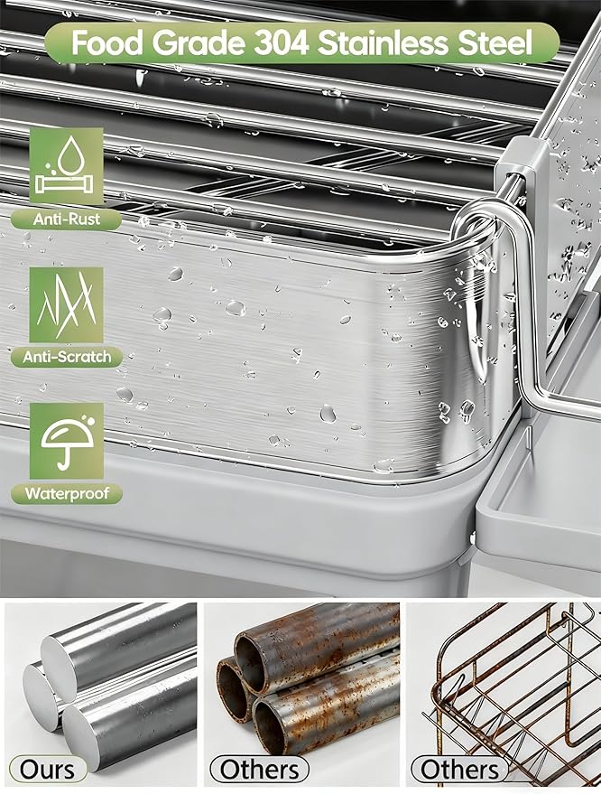 Dish Racks, Thicker Premium 304 Stainless Steel Dish Drying Rack for Kitchen Counter, Automatic Drainage Spout, Dish Drainer & Drainboard Set with Utensil Holder and Cup Holder, Grey