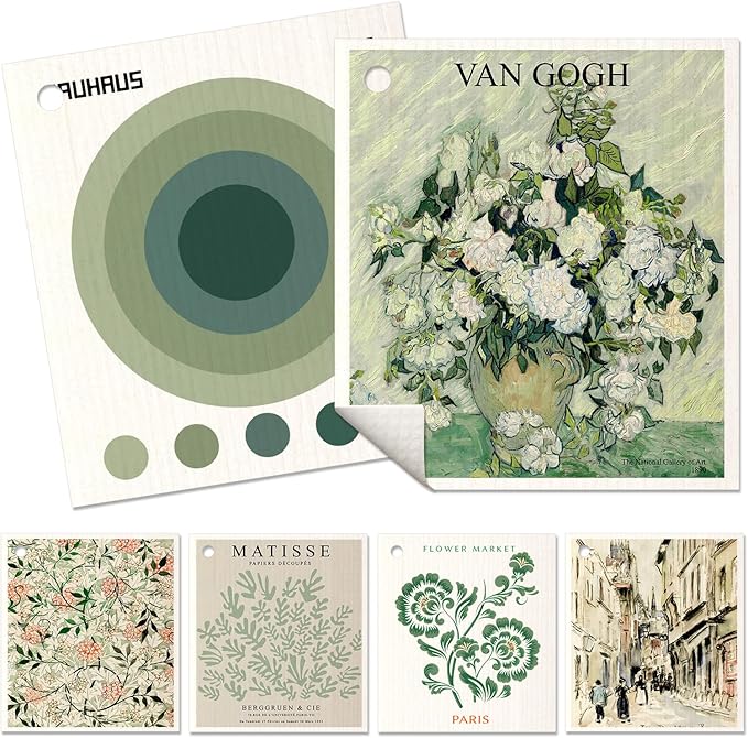 Miss Adola 6 Pack Swedish Dishcloths for Kitchen - Reusable Dish Cloths for Washing Dishes Absorbent Cute Funny Kitchen Towels Cleaning Sponge, Green Artist