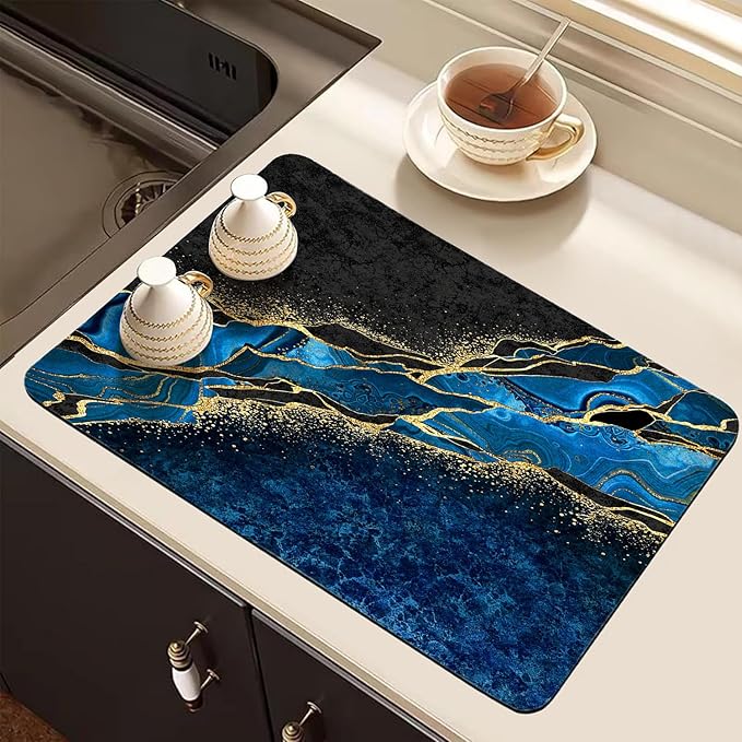 Dish Drying Mat for Kitchen Counter, Blue and Gold Marble Washable Absorbent Quick Dry Pad with Rubber Backing, Draining Mat for Dishes Coffee Table, 12" x 20"