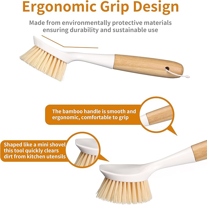 2 Pack Kitchen Dish Brush Bamboo Handle Dish Scrubber Built-in Scraper, Scrub Brush for Pans, Pots, Kitchen Sink Cleaning, Dishwashing and Cleaning Brushes are Perfect Cleaning Tools, White