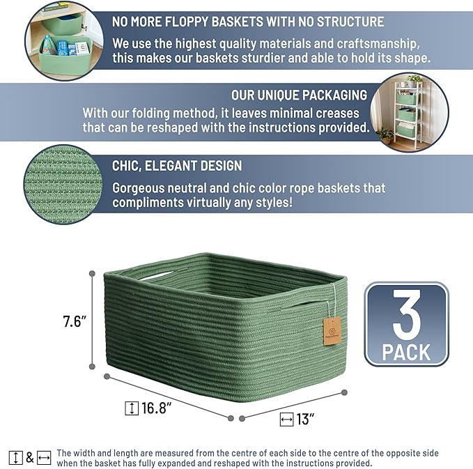 NaturalCozy Storage Baskets 16.8”x13”x7.6” Cotton Rope Woven Baskets for Organizing 3-Pack | Toy Storage Bins | Basket for Shelves, Laundry, Blanket
