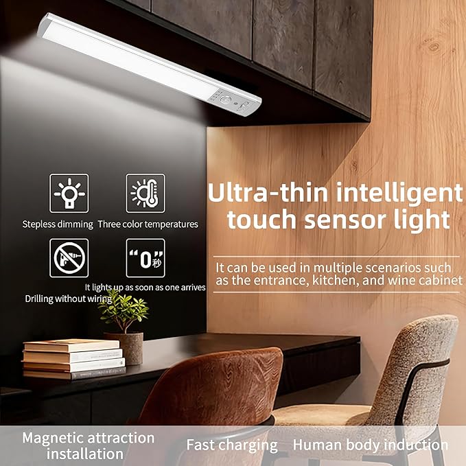 6-Pack Under Cabinet Lights, 1500mAh Rechargeable 52-LED Motion Sensor Light, 10-inch Wireless Magnetic Stick-On Closet Lights, Stepless Dimmable Night Light for Kitchen, Pantry, Wardrobe