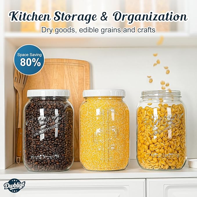 2 Pack Wide Mouth Mason Jars with Airtight Lid and Silicone Ring - 1 Gallon Large Glass Containers for Food Storage like Flour Sugar, Sun Tea, Kombucha, Refrigerator Safe Fermentation Jar