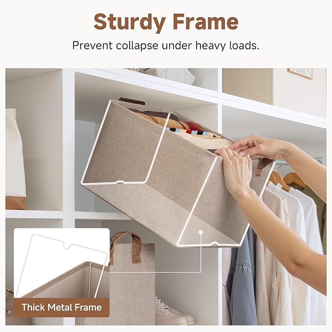 StorageWorks Storage Bins, Fabric Storage Bins for Shelves, Large Storage Baskets with Metal Frame, Closet Baskets and Bins with Handles, Brown and Beige, 2-Pack
