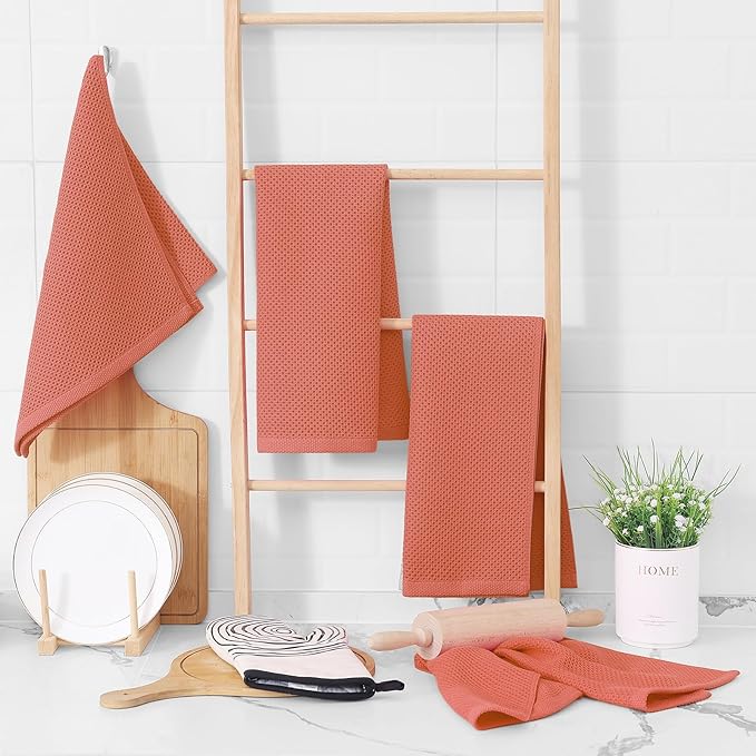 Homaxy 100% Cotton Waffle Weave Kitchen Dish Towels, Ultra Soft Absorbent Quick Drying Cleaning Towel, 13 x 28 Inches, 6-Pack, Coral