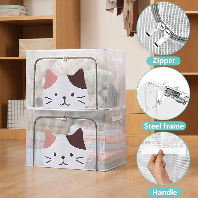 3 Pack Clear Storage Bins with Metal Frame,Waterproof Stackable Organizer Box with Durable Handles,Foldable Closet Container for Bedding, Clothes(Cute Cat,66L)