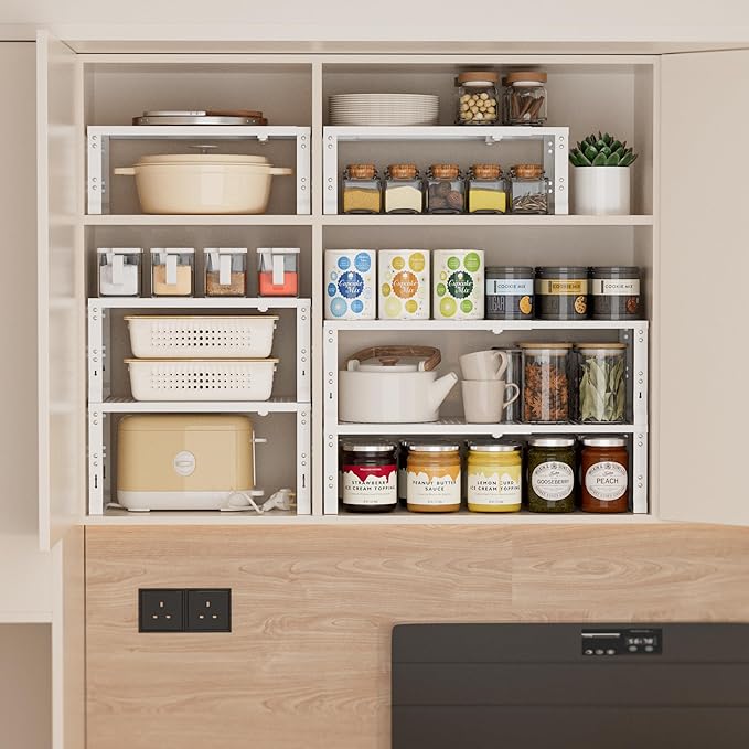 Heavy-Duty Adjustable Metal Shelf Organizer - Expandable & Stackable Pantry Storage Rack for Kitchen, Bathroom, RV, Cabinets(3 Packs/White, Large)