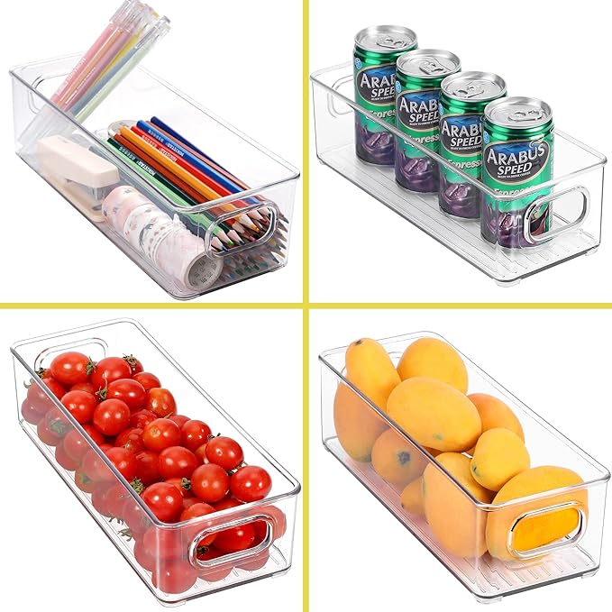 Stackable Plastic Food Storage Bin with Handles for Kitchen Pantry, Cabinet, Refrigerator, Freezer - Organizer for Fruit, Yogurt, Squeeze Pouches