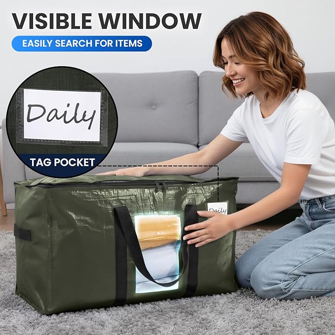2 Pack Green Extra Large Storage Bags, Heavy Duty Totes with Visible Window